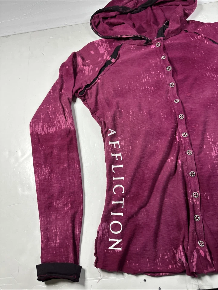 Sudadera con capucha Affliction Live Fast para mujer alas abotonadas púrpura talla L #2483 Foto 2 de 4