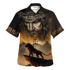 Jesus And Lion Hawaiian Shirt   Christian Hawaiian Shirt   Religious Hawaiian Sh