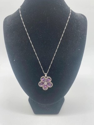 AL7- Vintage Halskette Silberkette Anhänger Blume lila Steine Glanz 