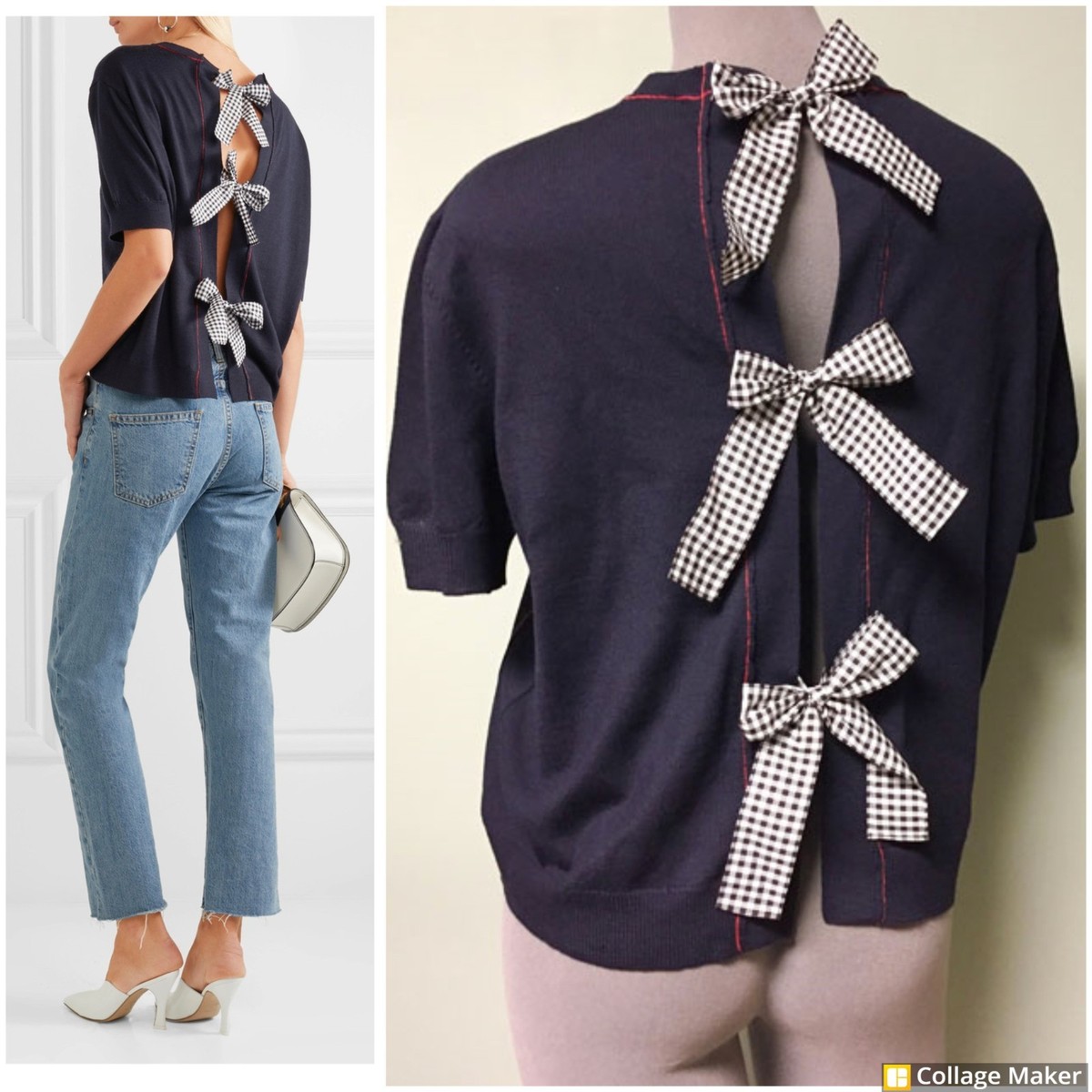 $835 Miu Miu Gingham Bows Embellished Split Open Back Jumper