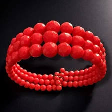 Red Czech Glass Beaded Bracelet Faceted Opaque Adjustable Wire Wrap Cuff Vintage