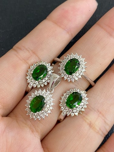 NATURAL CHROME DIOPSIDE 7X5 WHITE CZ STERLING SILVER 925 SET - 第 2/14 張圖片
