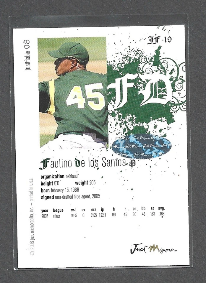 2008 Just Minors Justifiable Fautino De Los Santos Faustino Rookie Auto RC - Image 2 of 2