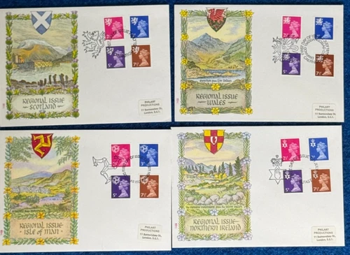 4 Regional First Day Stamp Covers FDCs Wales Scotland N Ireland and Isle of Man