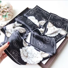 Double Side 100% Silk Long Scarf Women Black White Flowers Neckerchief 150*15cm
