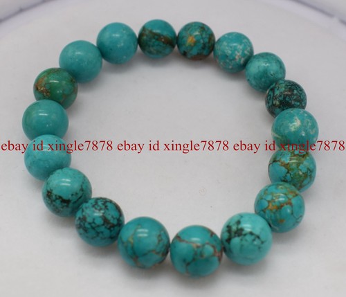 "Brazalete elástico redondo de piedras preciosas azul turquesa natural genuino de 12 mm 7,5" - Imagen 6 de 12