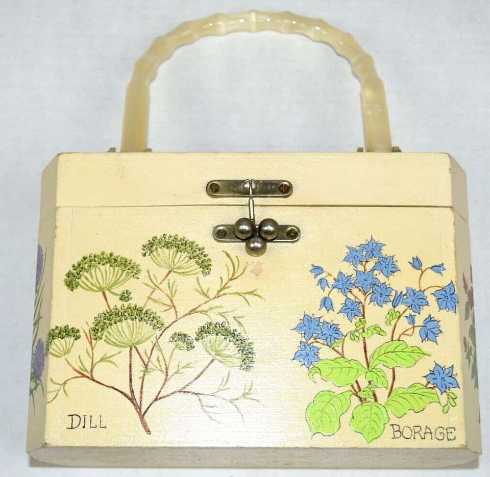 Caixa de ervas de madeira pintada à mão vintage anos 70 cabo acrílico forrado de feltro 8 x 5,5 x 3,5 - Imagem 2 de 4