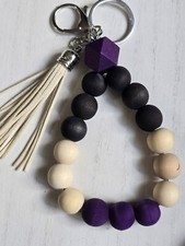 Handmade Wooden Beaded Keychain Wristlet With Tassel Wood Purple Black