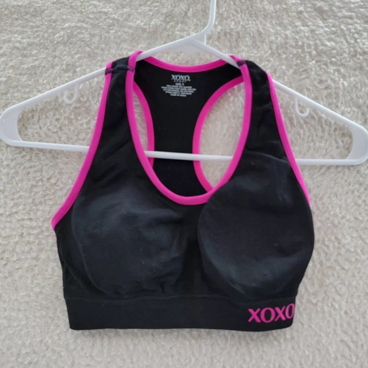 XOXO Sport Logo Padded Racerback Sports Bra Women's Small Black/Fuchsia