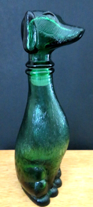 Vintage Green Glass ITALIAN EMPOLI Dachsund Dog Decanter 8¾" High EUC