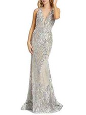 Mac Duggal Nude Silver Damask Sequin Beaded Waist Strappy Back Gown Size 2 $698
