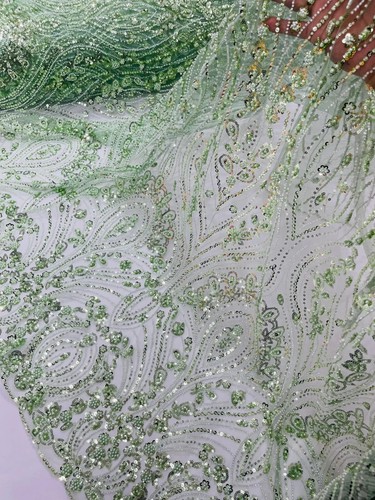 Sage Green Fashion Design Beads and Sequins, Luxury Beaded Embroidered Fabric - 第 1/4 張圖片