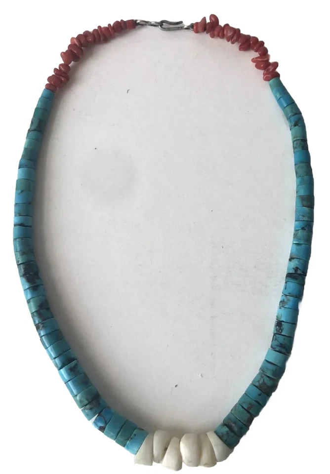 Vintage Navajo Turquoise Coral & Shell Necklace 17” - Image 3 of 3