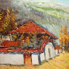 Vintage postimpressionist oil painting rural landscape house