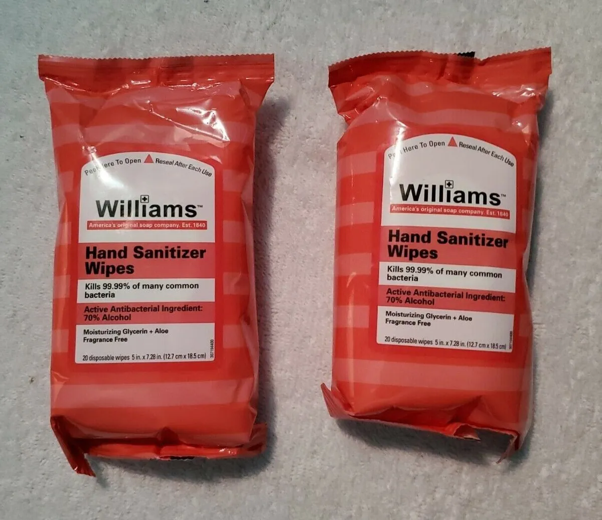 NEW Williams Hand Cleaning Wipes w/ Moisturizer + Aloe - Two 20 Packs