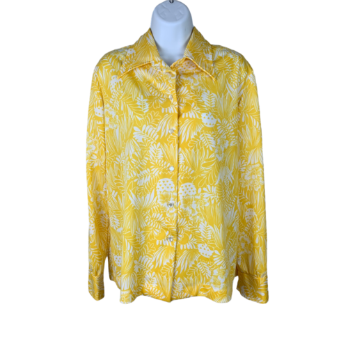 Koszula z uchwytem rozmiar L lub XL Vintage wzór liścia żółty spiczasty kołnierz lata 70. poliester - Zdjęcie 1 z 7