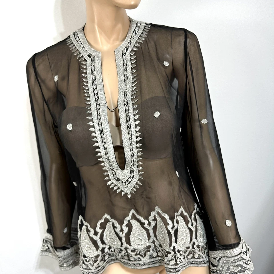 Top Marca AQUA 100% Seda Gasa Negro Transparente Plata Bordado Paisley S/M Foto 4 de 4