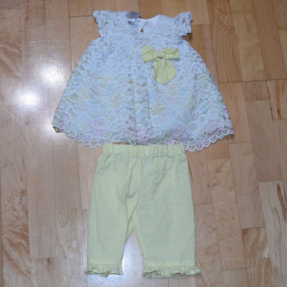 BONNIE BABY Baby Girls sz 12m Lace Layered Shirt Yellow Gingham Shorts  Outfit - Main Image