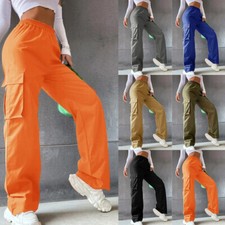 Women's Pockets Straight Wide Leg Pants Ladies Button Casual Elastic Trousers US