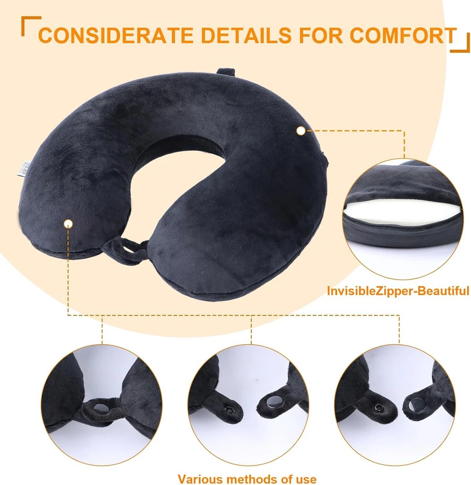 Travel Pillow,100% Pure Memory Foam U Shaped Neck 30X30X9cm, Black