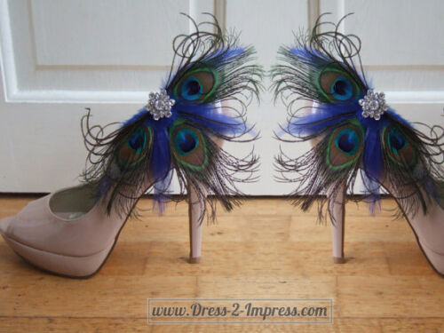 Peacock Feather Crystal Royal Blue Bridal Shoe Clips "Gemma" Wedding - Fairytale - Picture 1 of 4
