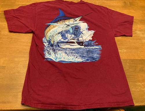 Men's Guy Harvey Shirt SZ L Short Sleeve Maroon Sport Fish Graphic 2004 EUC - Picture 2 of 5