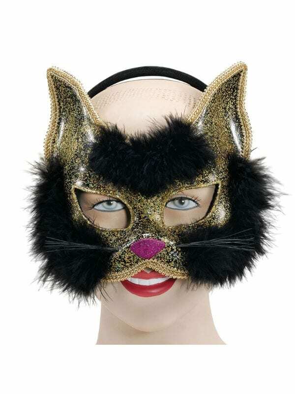 Black Cat Glitter Masquerade Mask On Headband Fancy Dress Accessory