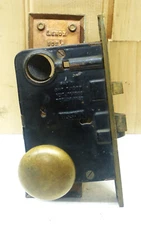 Vintage Russwin Mortise Door Latch Hardware w/ Brass Knobs & Face Plate INV17953