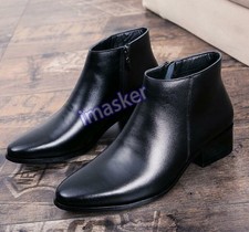 Men's Leather Casual Zipper Pointy Toe Block Ankle Boot Chelsea Work Dress Shoes