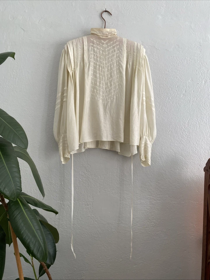 Blusa Antigua Vintage Blanca Seda Manga Globo Plisada Floral Bordada Talla XXL Foto 2 de 4