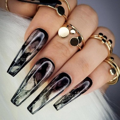 Clear & Black Press on Nails Long Coffin on Fake Nails with Glossy Design for...