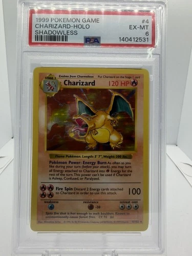 1999 POKEMON GAME SHADOWLESS #4 CHARIZARD-HOLO PSA 6