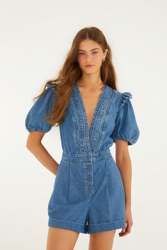 NWT AUTH FARM RIO Denim Ruffled Puff Sleeve Romper Sz EXTRA LARGE XL FREE SHIP