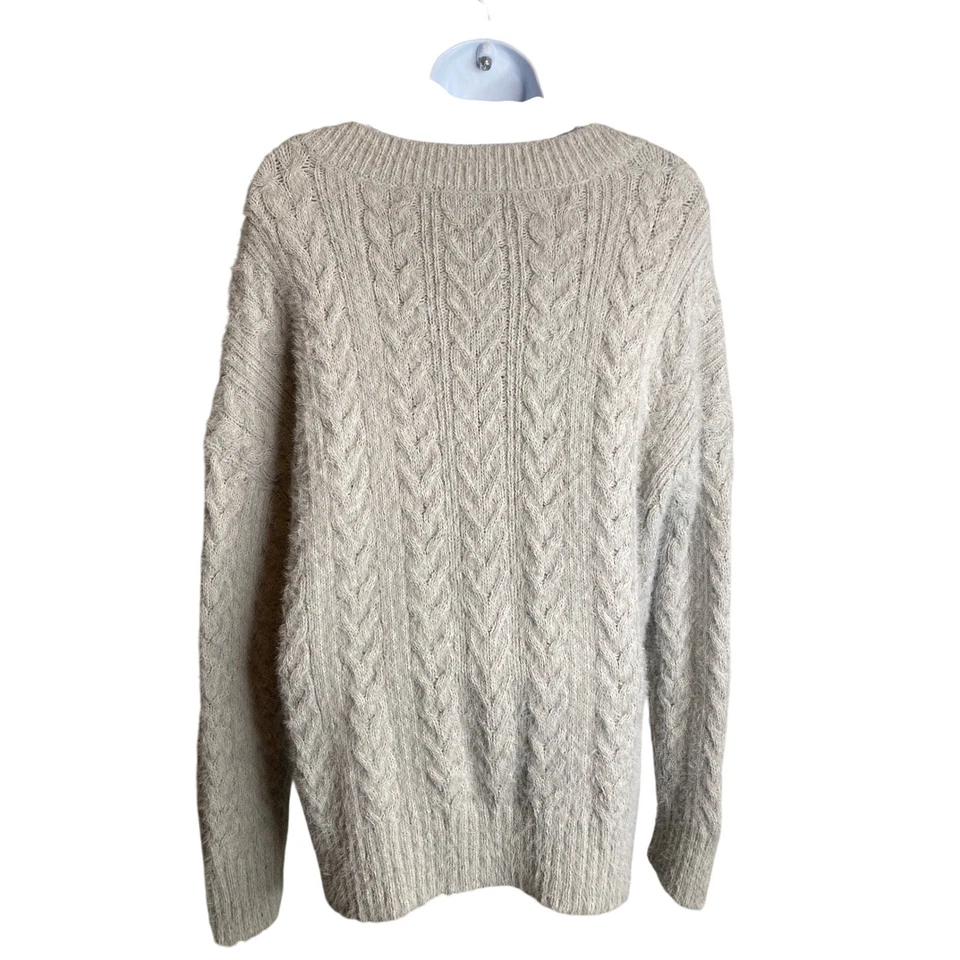Lucky Brand Womens Cream Cable Knit Fuzzy V Neck Chunky Sweater Size S Oversized - Image 2 of 4