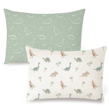 Muslin Toddler Pillowcase for 13x18 Pillow 2 Pack, 100 Dino Jungle, Sage Dino