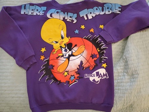 Tweety Bird Space Jam Purple " Here Comes Trouble" Sweatshirt * TEAR* Flaw 1996 - Picture 2 of 15