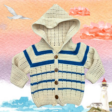 Handmade Nautical Wharf Fisherman Sweater Kids 5  7 YR Hooded Blue Striped Knit
