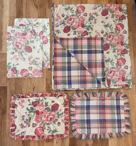 Vintage Eddie Bauer Reversible Queen Duvet Floral Plaid Pillow Cases Shams Set