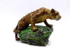 Spotted Leopard on Rock Bejeweled Enamel Hinged Trinket Box