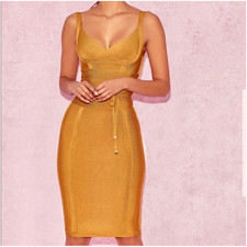 House Of CB Belice Dress Womens Medium Mustard Bandage Bodycon Mini Zip Back