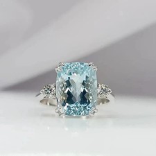 Cushion Cut 6.50 Ct Natural Aquamarine  Diamond Solid 14K White Gold Ring