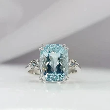 Cushion Cut 6.50 Ct Natural Aquamarine & Diamond Solid 14K White Gold Ring