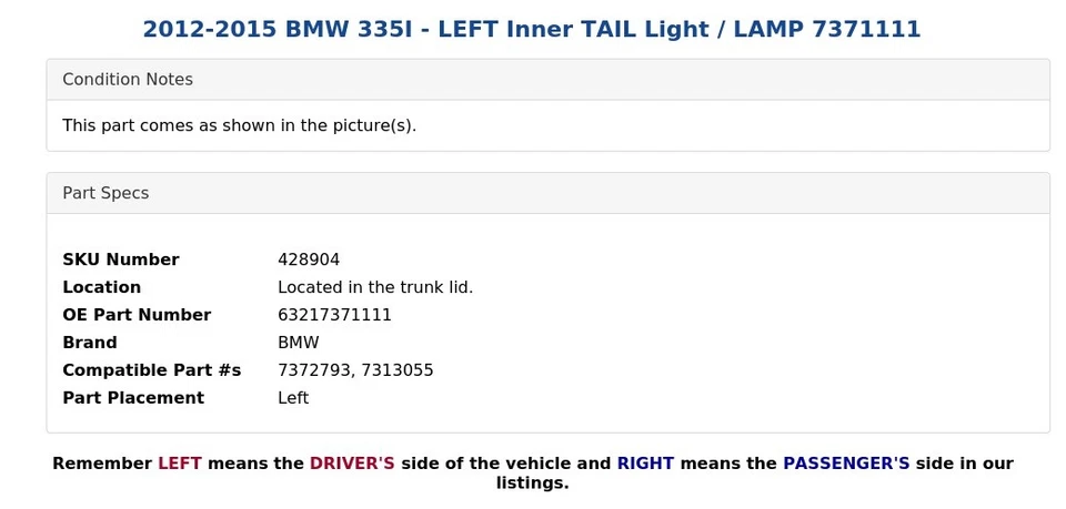 BMW 335I 2012-2015 - Luz trasera interior izquierda / lámpara 7371111 Foto 3 de 4