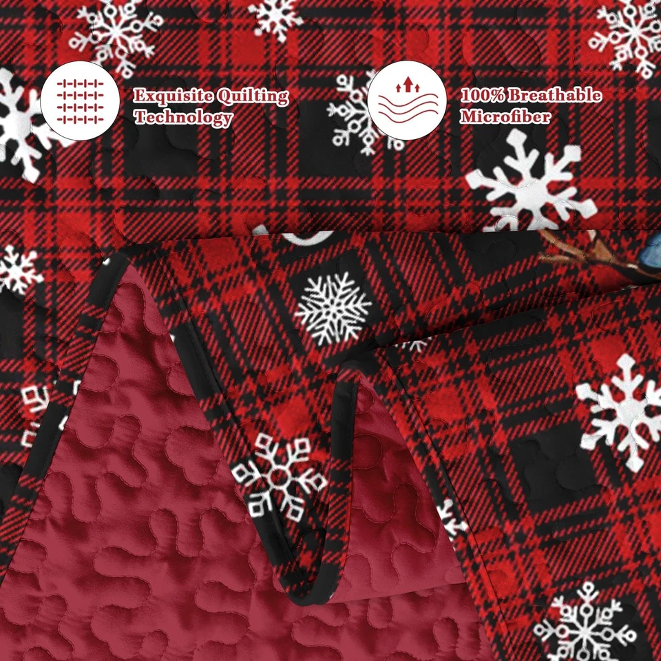 Christmas King Size Quilt Set, Winter Black Red Plaid Lightweight Bedspread C... - Image 4 of 4