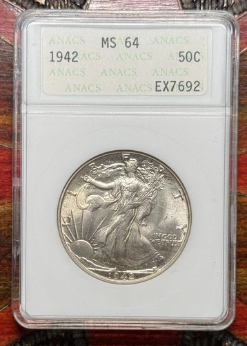 1942P Walking Liberty Silver Half Dollar 50c Anacs Vintage Soapbox MS64 .99c NR
