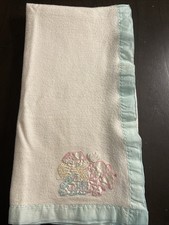 Vintage Noah  s Ark Baby Blanket 38.5x39 Trimmed In Light Blue, White, Elephant