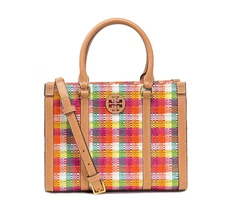 TORY BURCH Women's Blake Plaid Small Tote Bag Poppy Red / Multi 146379