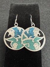 Sterling Silver Vintage Turquoise Onyx Inlay Tribal Earrings Faces