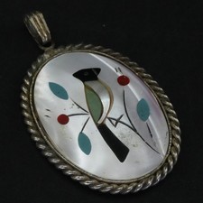 VTG Alpaca Silver - NAVAJO White MOP Coral & Turquoise Bird Pendant - 6g