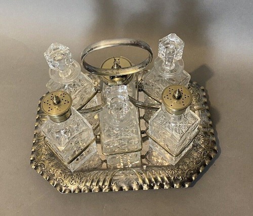Antique Victorian Silver Plate & Glass 6 Bottle Condiment Cruet Set - Picture 4 of 12
